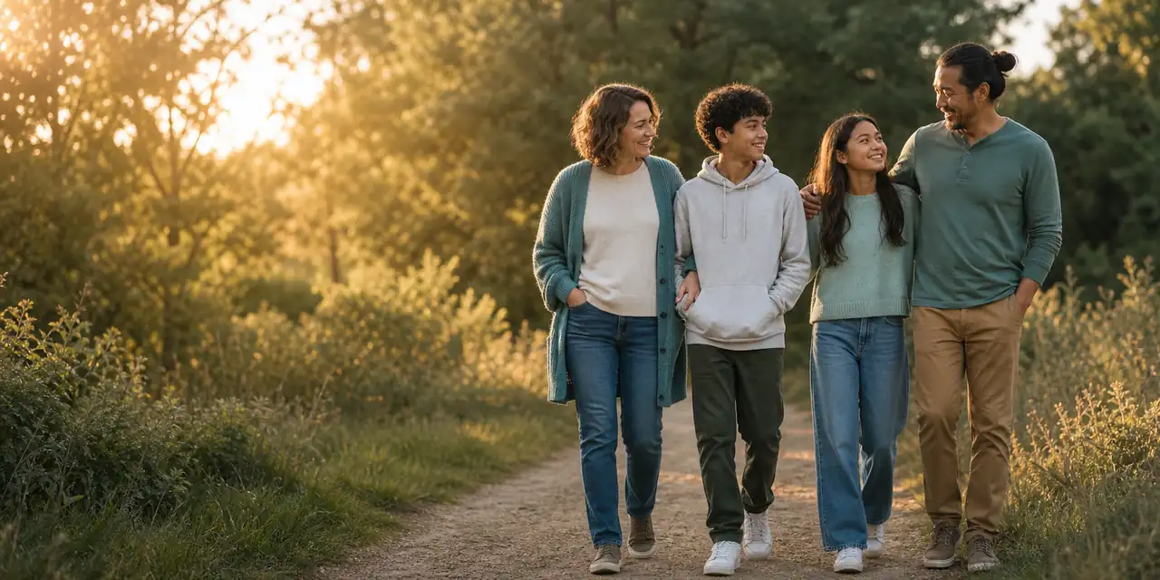 Family walking together on a calm path