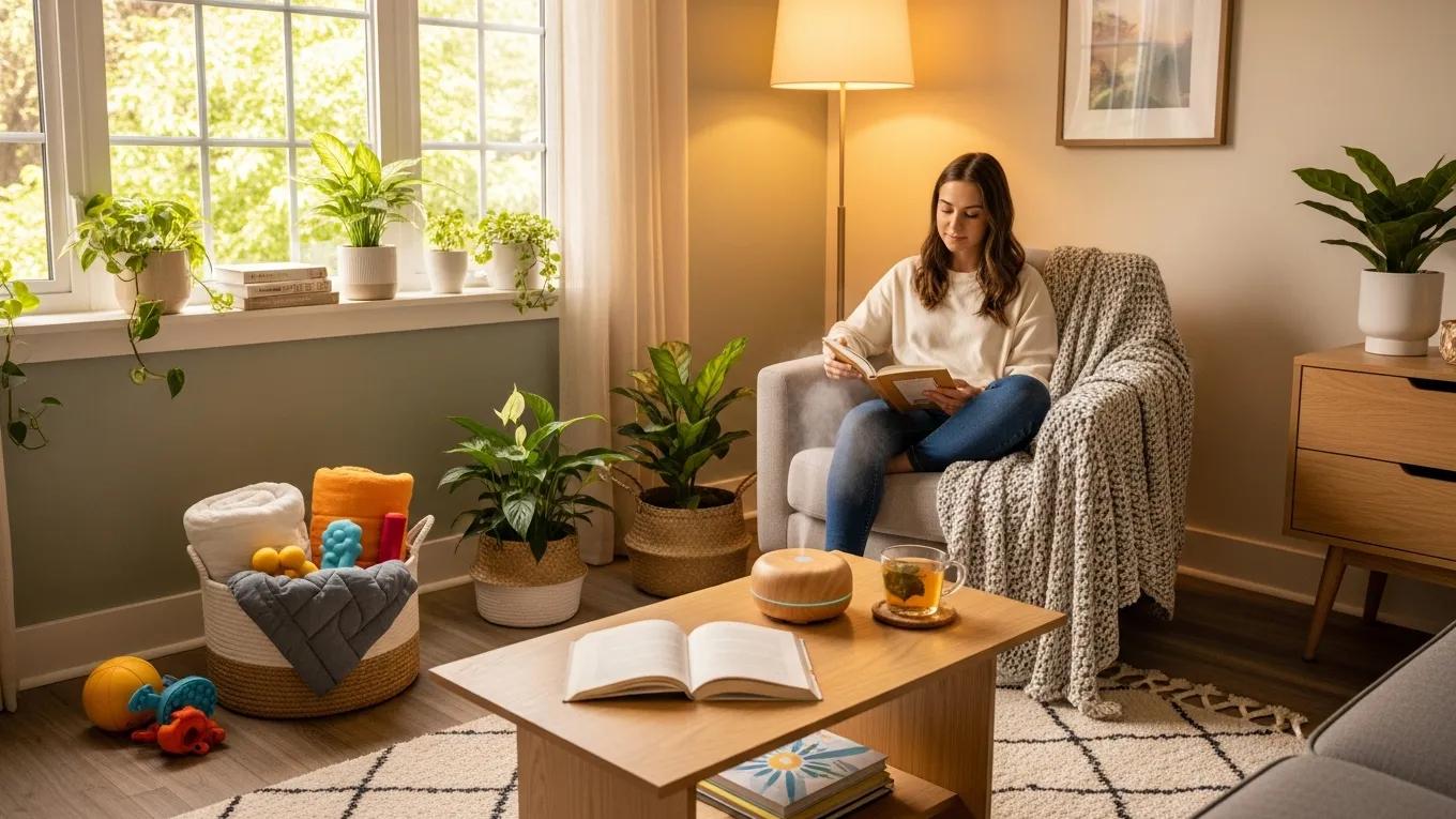 A tranquil home environment with calming colors and natural elements enhancing sensory regulation