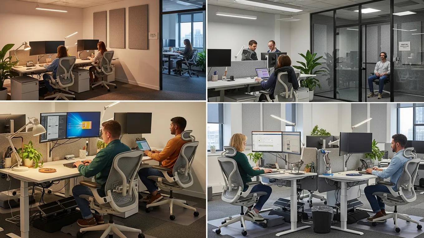 An inclusive office environment with sensory accommodations like adjustable lighting and quiet spaces