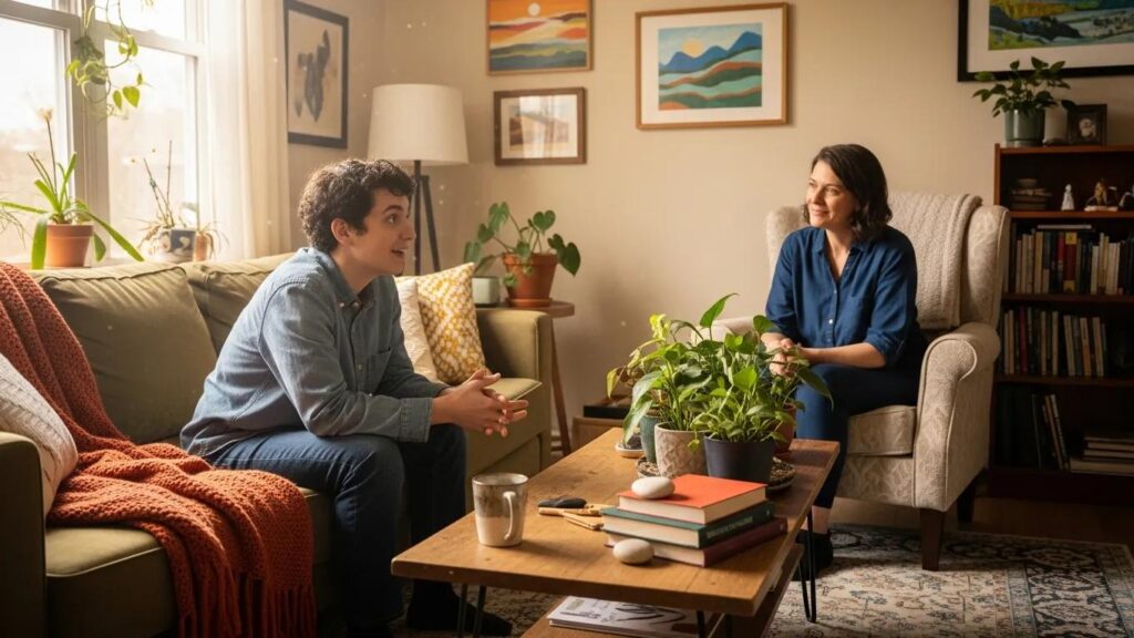 Caregiver and neurodivergent adult in a supportive conversation in a cozy living room
