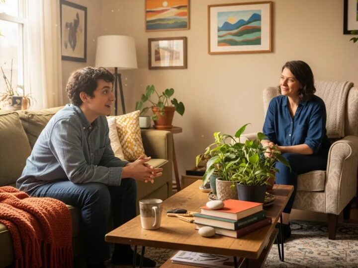 Caregiver and neurodivergent adult in a supportive conversation in a cozy living room