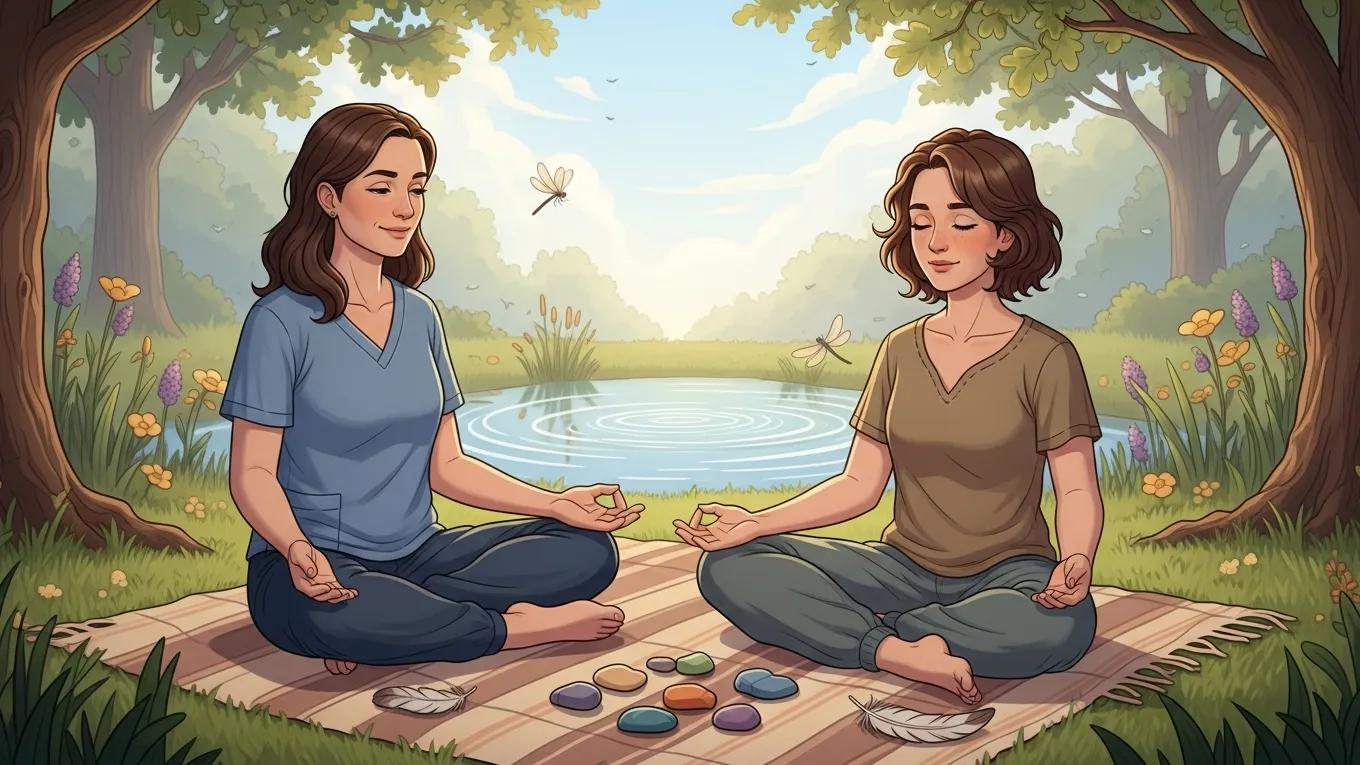 Caregiver and neurodivergent adult practicing mindfulness in a peaceful outdoor setting
