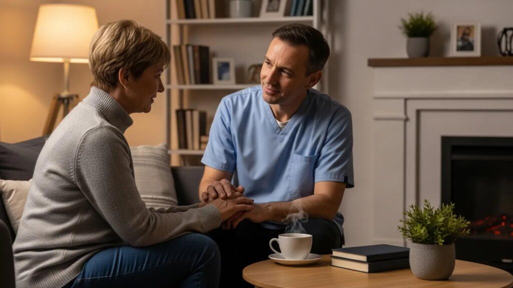 Caregiver and partner sharing a supportive moment in a cozy living room
