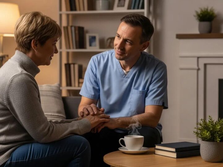 Caregiver and partner sharing a supportive moment in a cozy living room