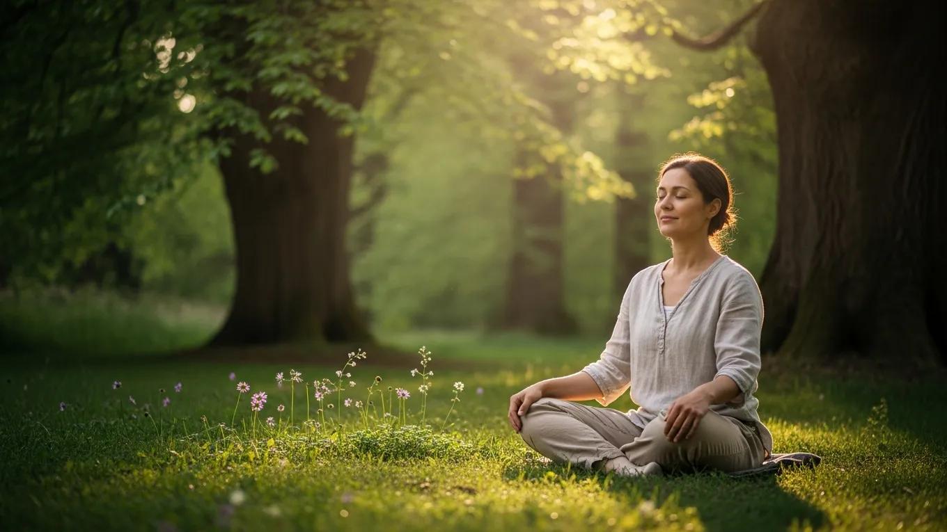 Caregiver practicing mindfulness in a peaceful outdoor setting