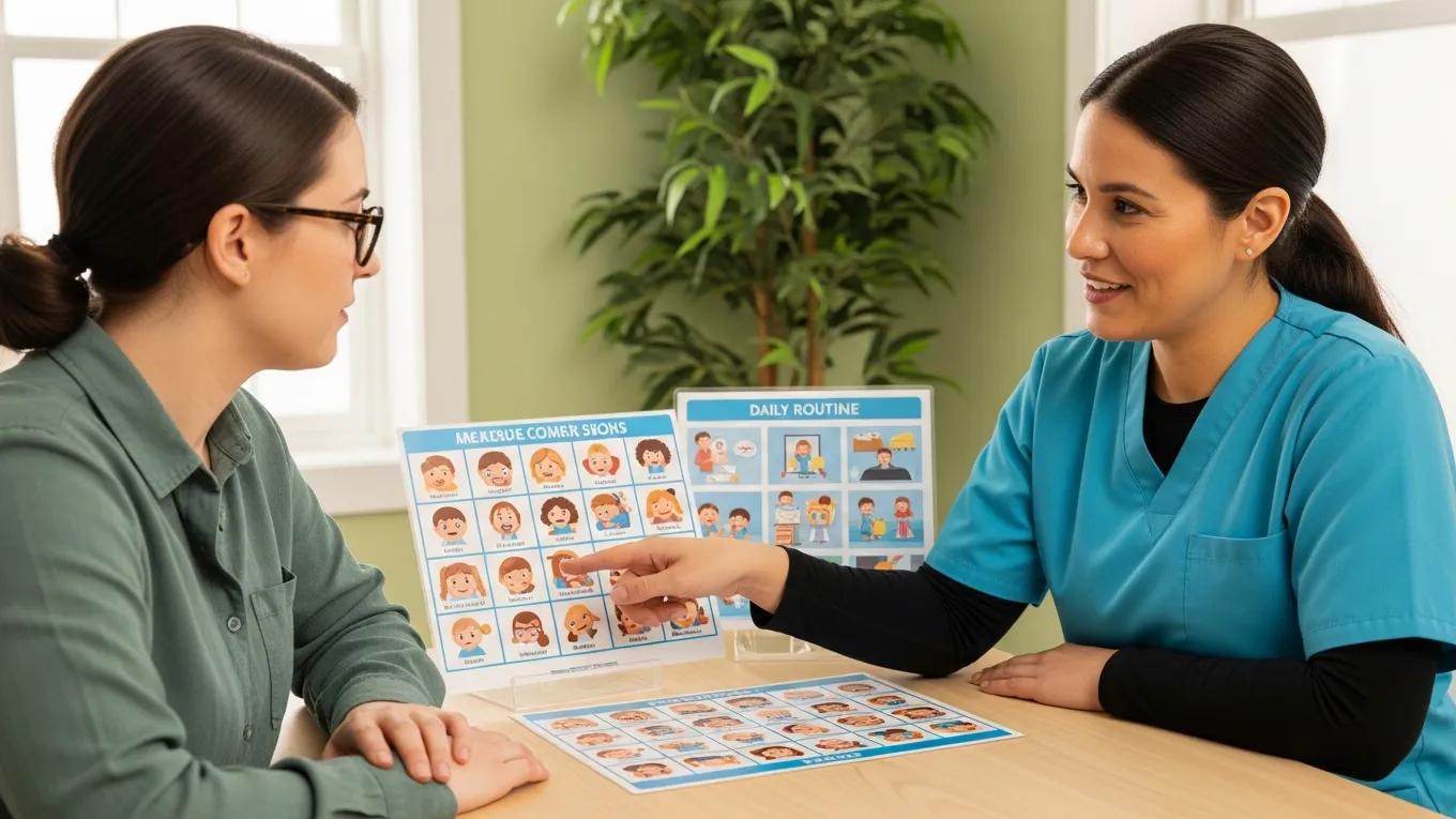 Caregiver using visual aids to communicate with a neurodivergent adult