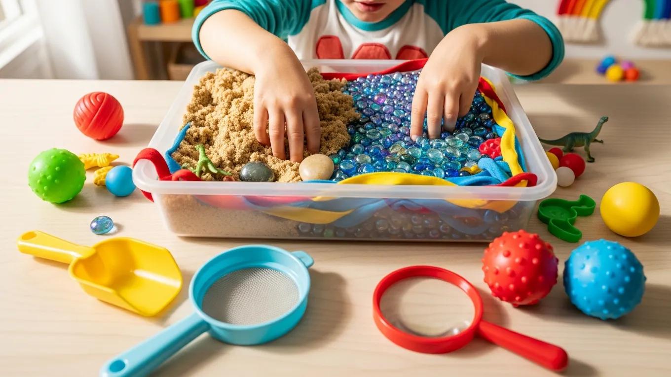 Child engaging with a sensory bin filled with various textures for sensory processing