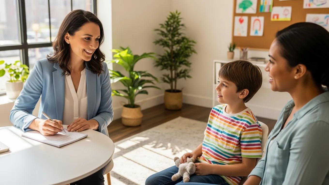 Clinician conducting a clinical interview with a child and parent in a welcoming office