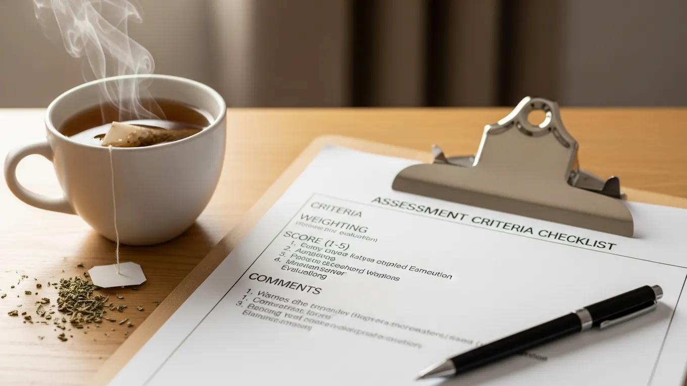Close-up of assessment criteria on a clipboard with a calming background