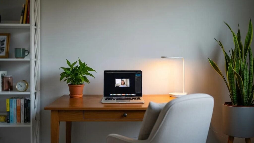 Cozy home office setup for teletherapy with a laptop and calming decor