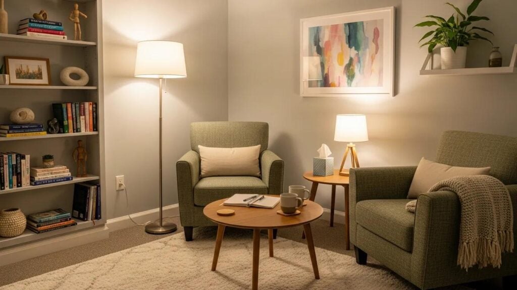 Cozy therapy room with comfortable seating and calming decor, representing mental health care