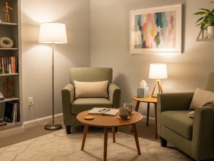 Cozy therapy room with comfortable seating and calming decor, representing mental health care
