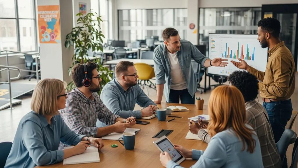 Diverse employees collaborating in a modern office, emphasizing neuroinclusive care and support for neurodiversity