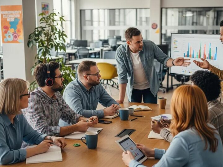 Diverse employees collaborating in a modern office, emphasizing neuroinclusive care and support for neurodiversity
