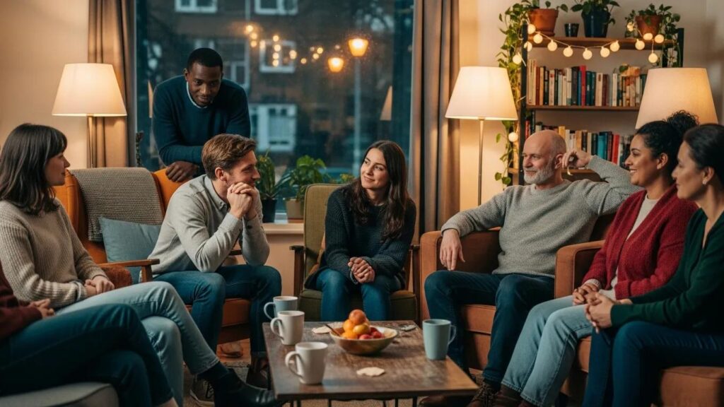 Diverse group of individuals in a supportive conversation, representing peer support and community connection