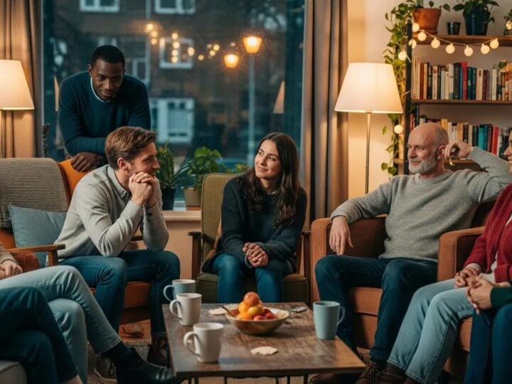Diverse group of individuals in a supportive conversation, representing peer support and community connection