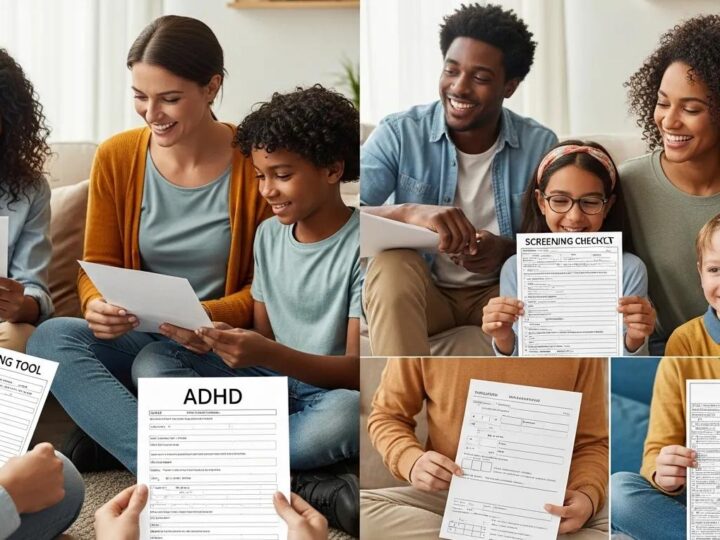 Diverse individuals engaging with ADHD and Autism screening tools in a supportive environment