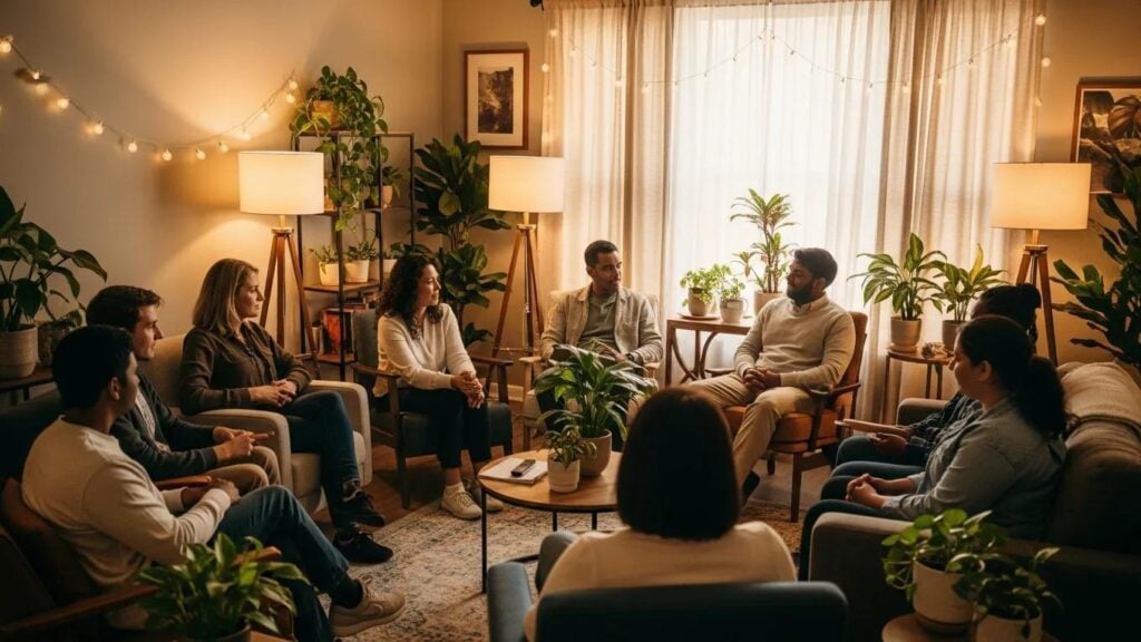 Diverse mental health professionals collaborating with clients in a culturally responsive therapy setting