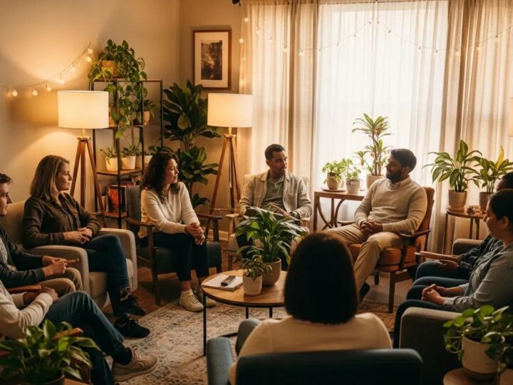 Diverse mental health professionals collaborating with clients in a culturally responsive therapy setting