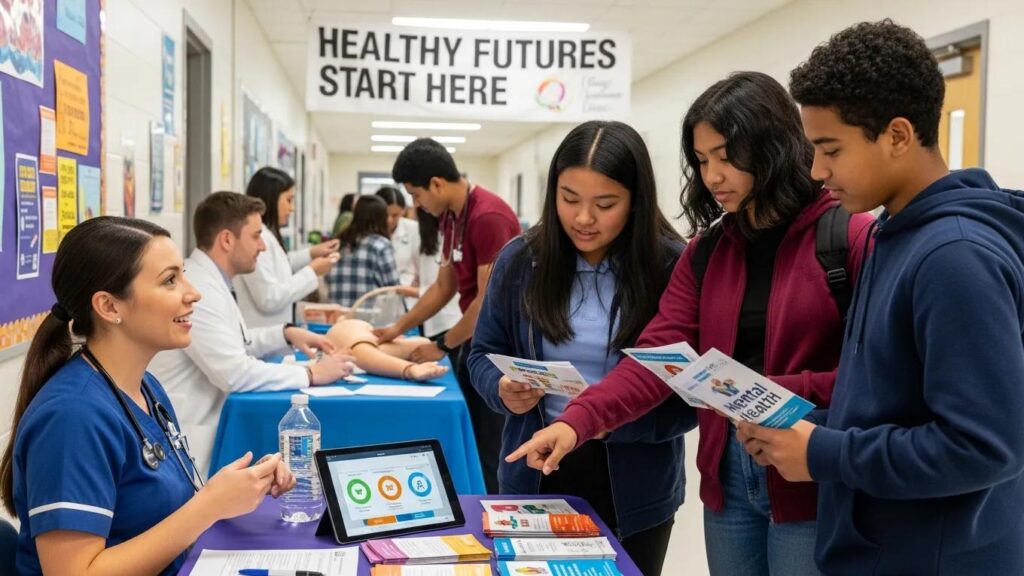 Diverse students and healthcare professionals collaborating in a school setting, emphasizing healthcare engagement