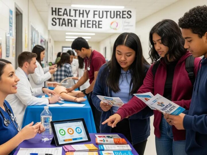 Diverse students and healthcare professionals collaborating in a school setting, emphasizing healthcare engagement