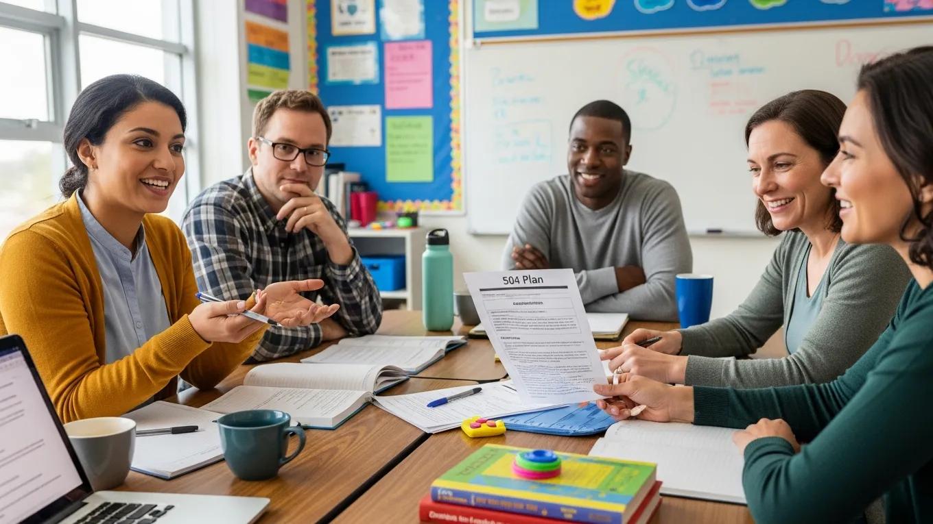 Educators and parents collaborating on a 504 Plan in a classroom