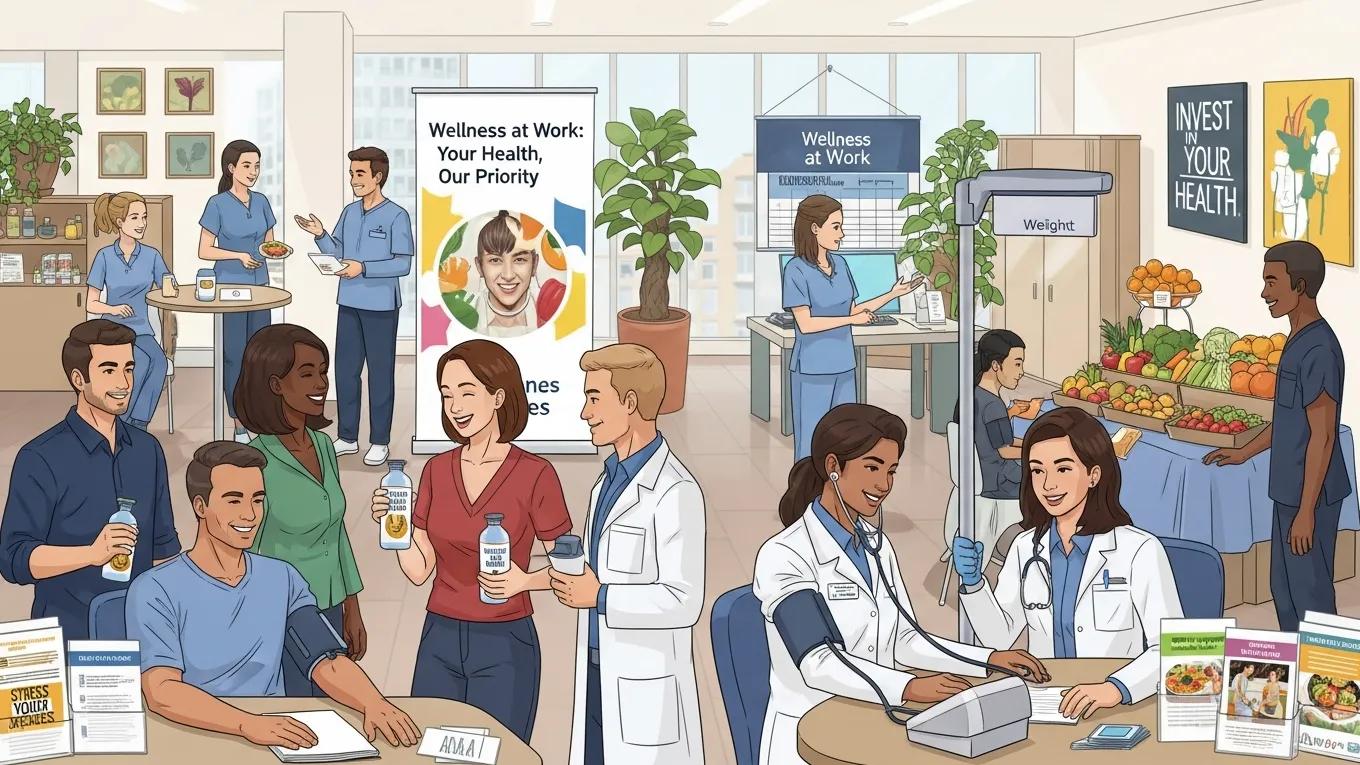 Employees participating in a workplace wellness program with health professionals, highlighting workplace health initiatives