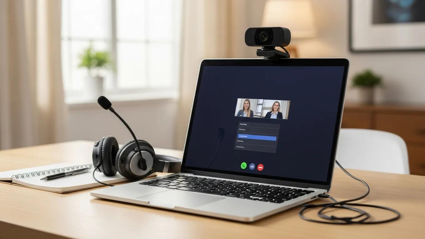 Essential devices for teletherapy including a laptop, webcam, and headphones