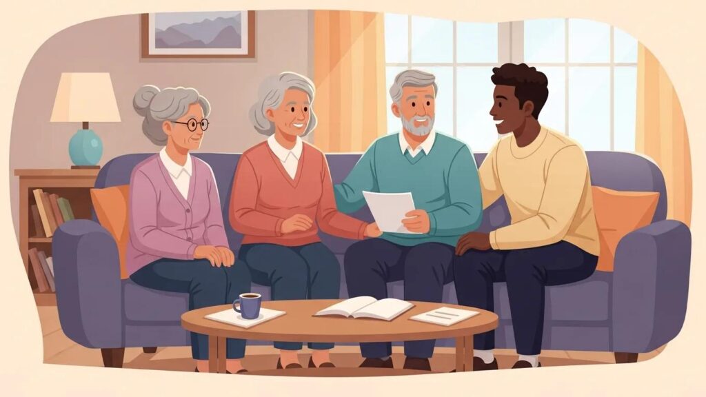 Family discussing legal guardianship and healthcare planning in a cozy living room