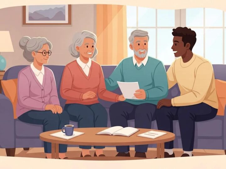 Family discussing legal guardianship and healthcare planning in a cozy living room