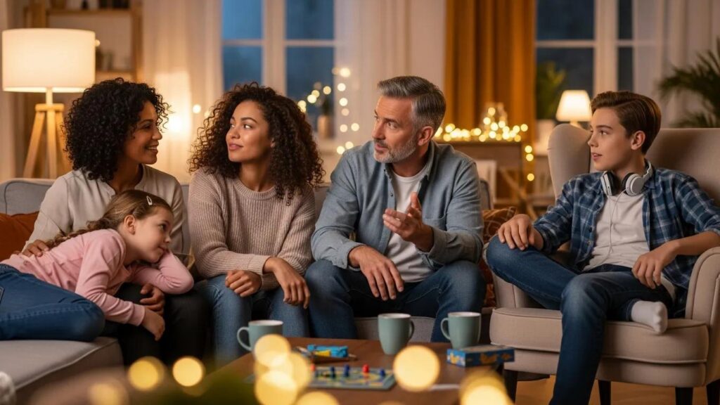 Family engaged in meaningful conversation, highlighting effective communication strategies