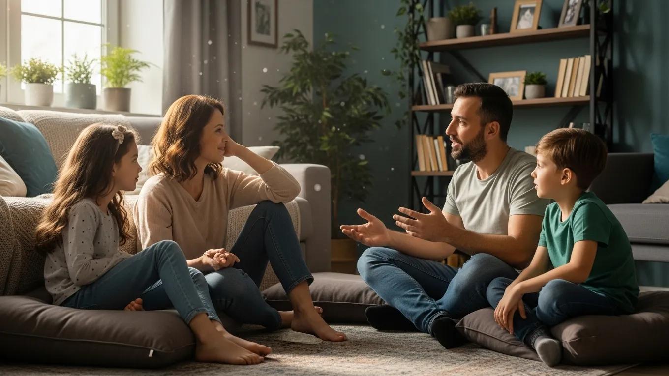 Family practicing neuroaffirming communication, showcasing validation and understanding