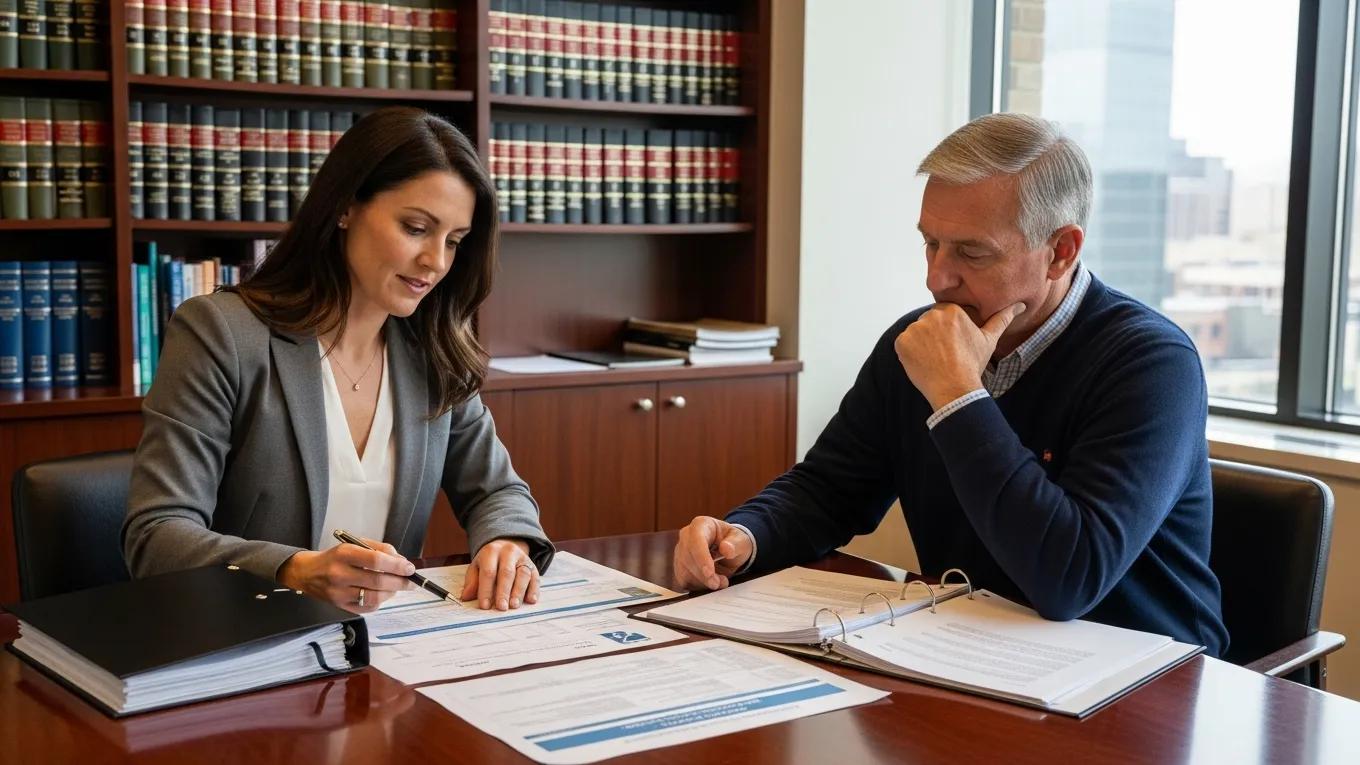 Financial advisor assisting a client with conservatorship documents in a professional setting