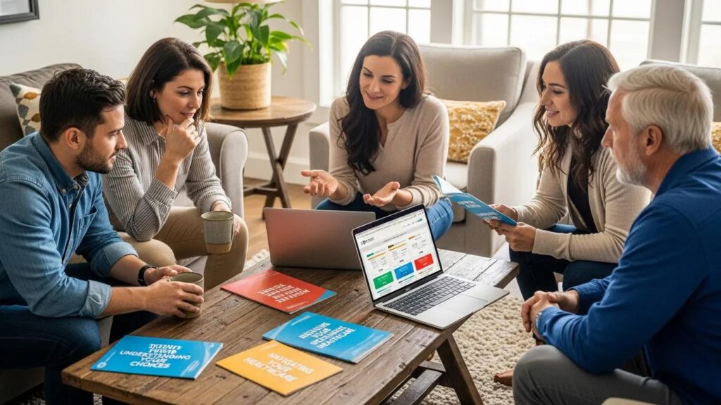 Group discussing healthcare payment options with brochures and a laptop in a cozy living room