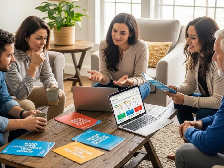 Group discussing healthcare payment options with brochures and a laptop in a cozy living room