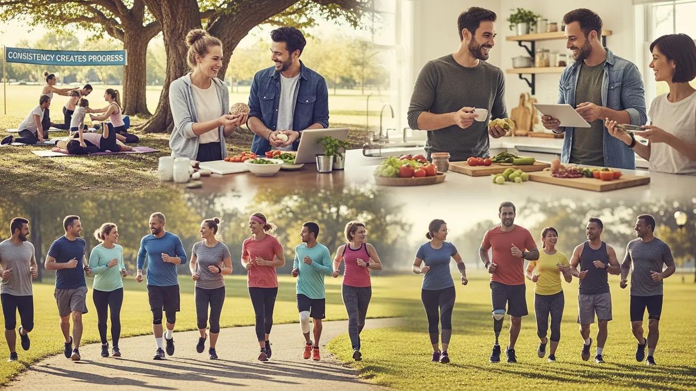 Group of people supporting each other in healthy activities to maintain consistency