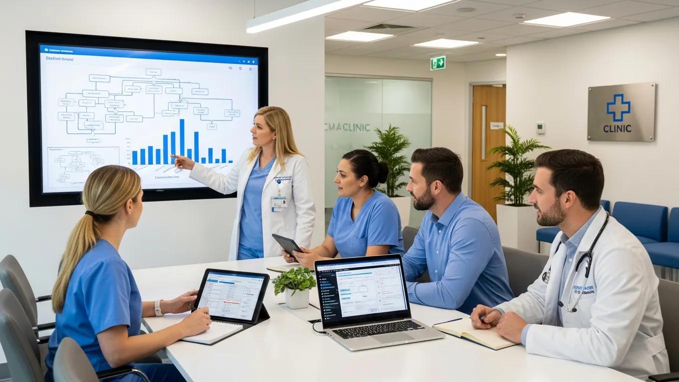 Healthcare staff discussing patient referral optimization in a modern clinic environment
