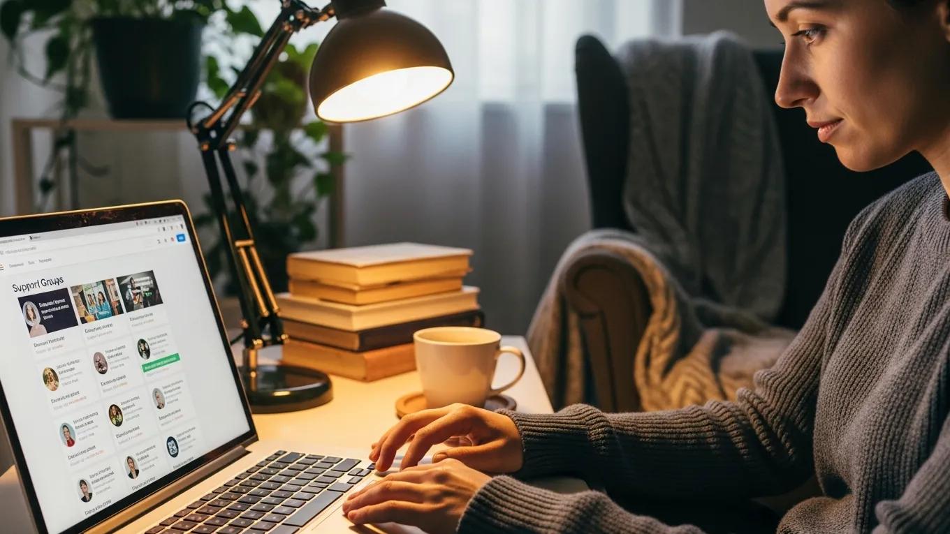 Individual browsing online for peer support groups, highlighting accessibility and connection in community support