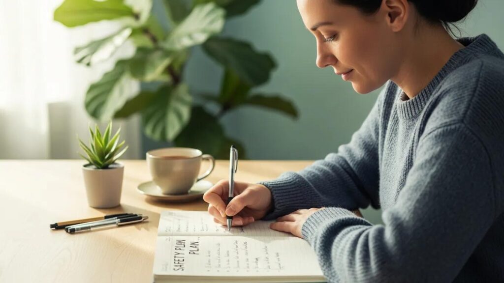 Individual creating a mental health safety plan in a calming environment