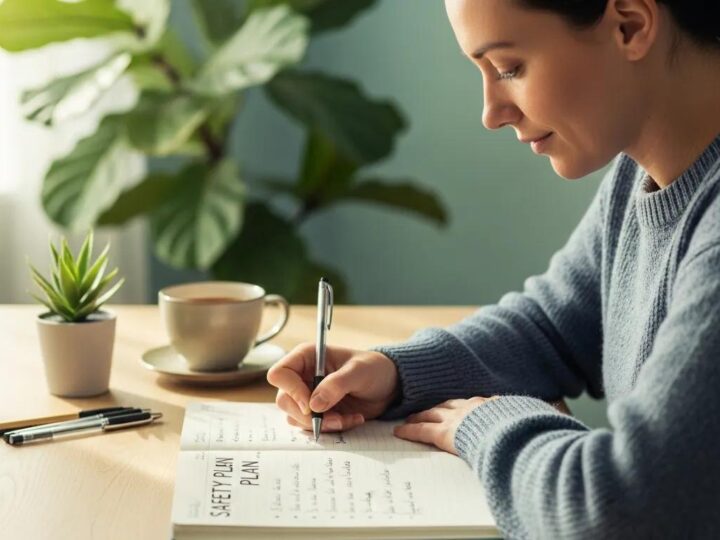 Individual creating a mental health safety plan in a calming environment
