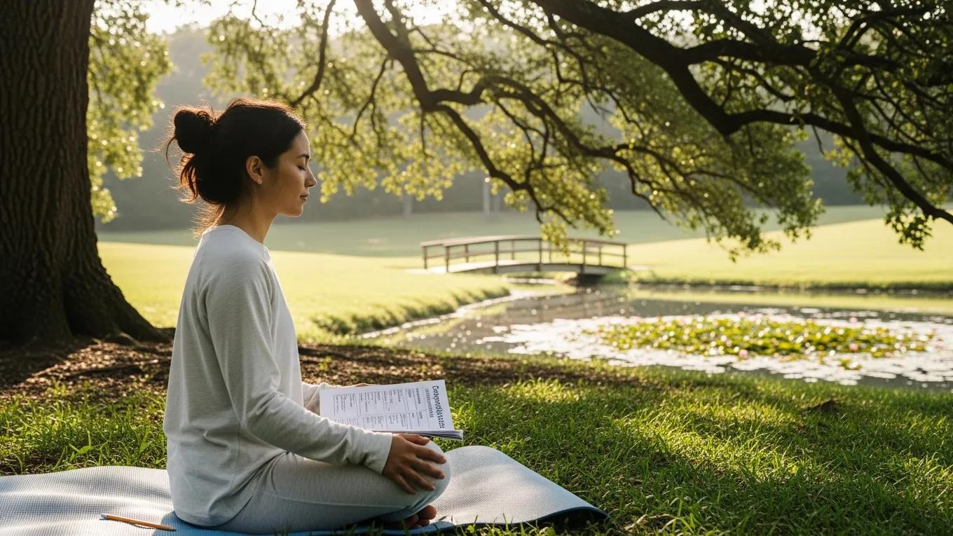 Individual practicing mindfulness with a coping skills worksheet in a serene outdoor setting