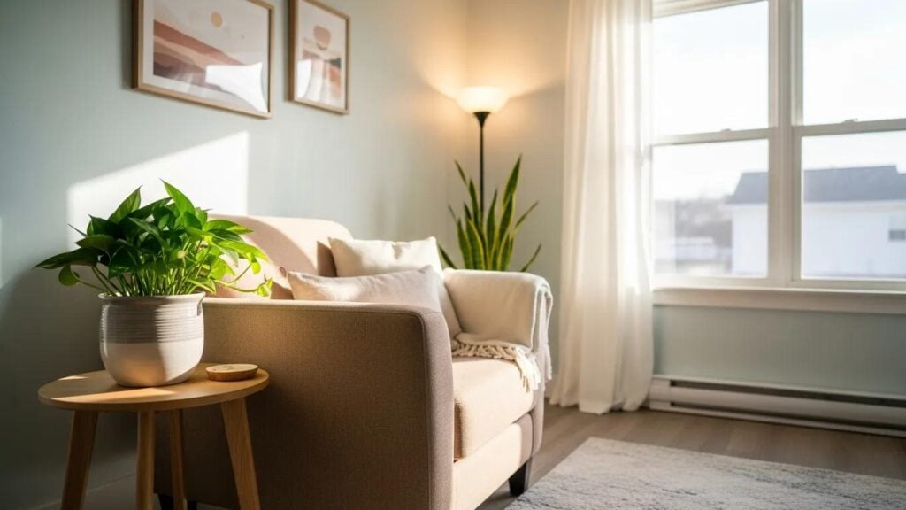 Inviting therapy room with comfortable seating and calming decor