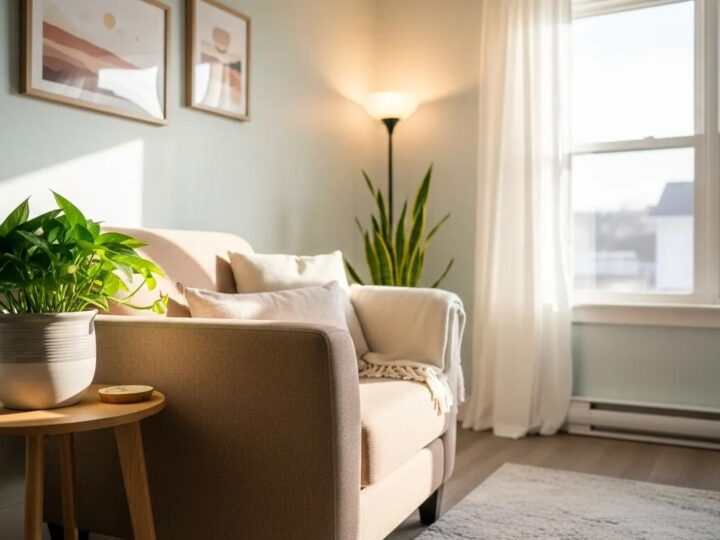 Inviting therapy room with comfortable seating and calming decor