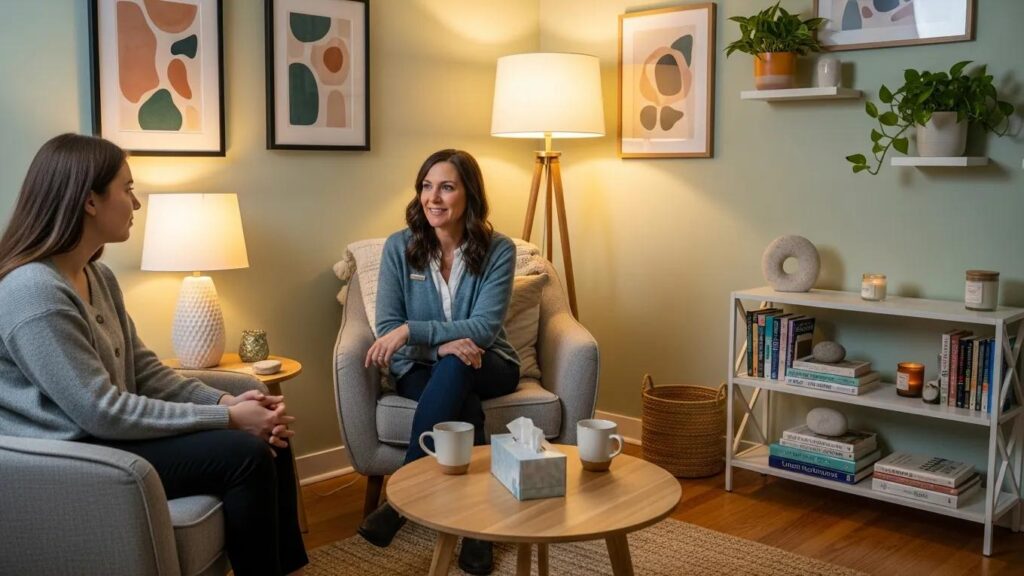 Mental health professional engaging with a client in a cozy office setting