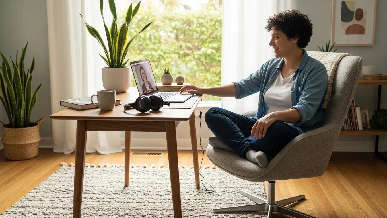 Neurodivergent adult engaging in teletherapy from home, highlighting accessibility