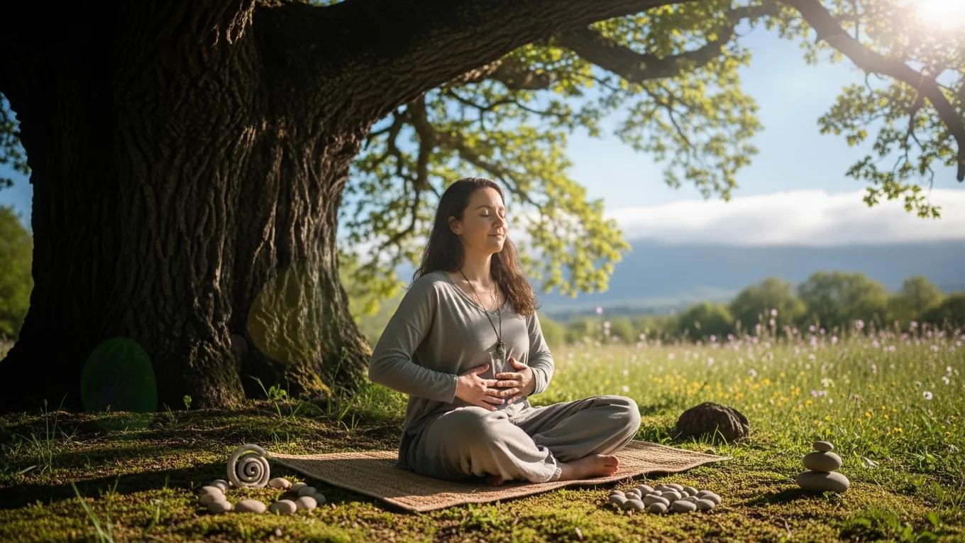 Neurodivergent adult practicing somatic therapy techniques in a tranquil outdoor environment