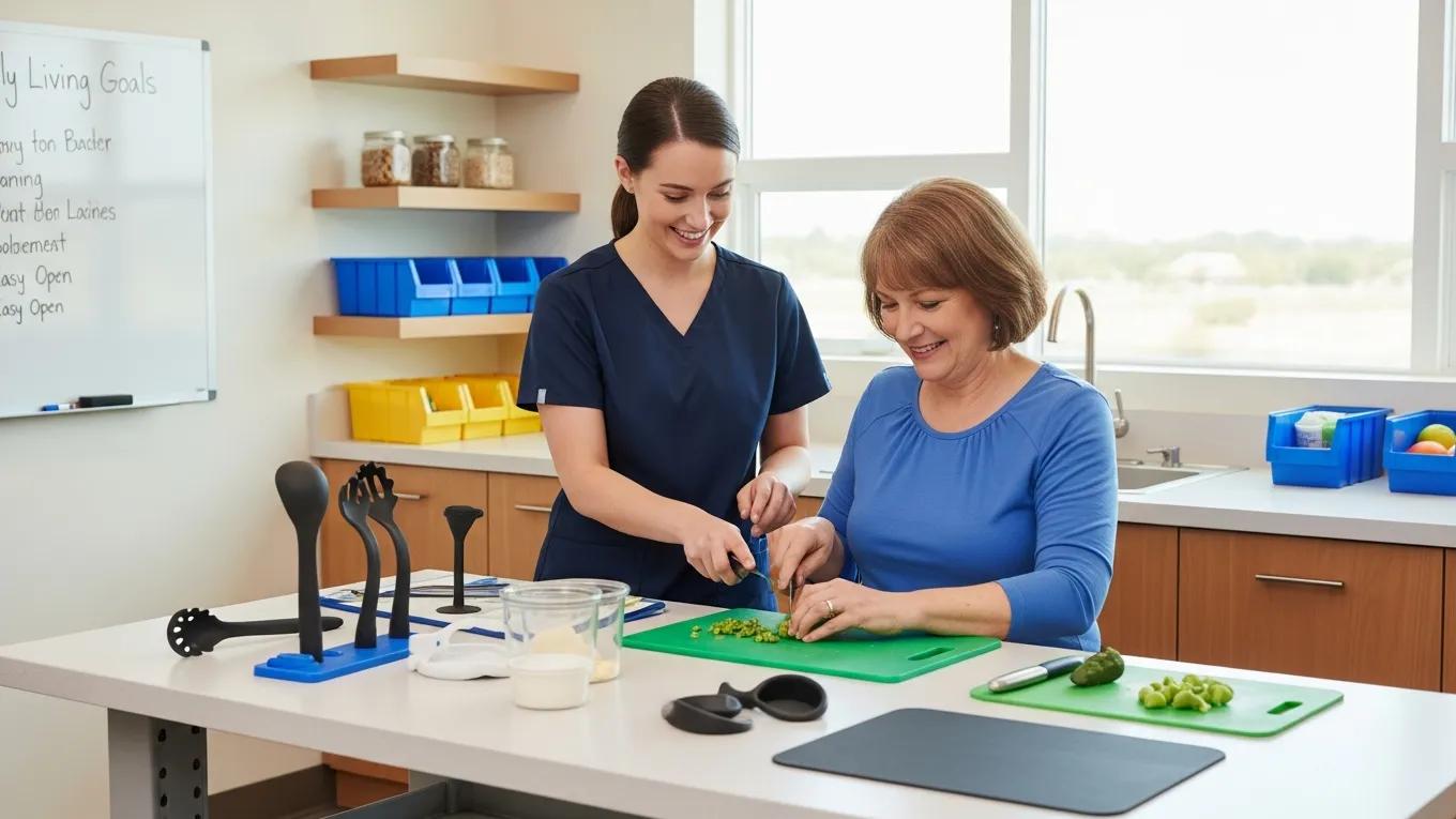 Occupational therapist assisting a client with daily living skills, showcasing therapy benefits
