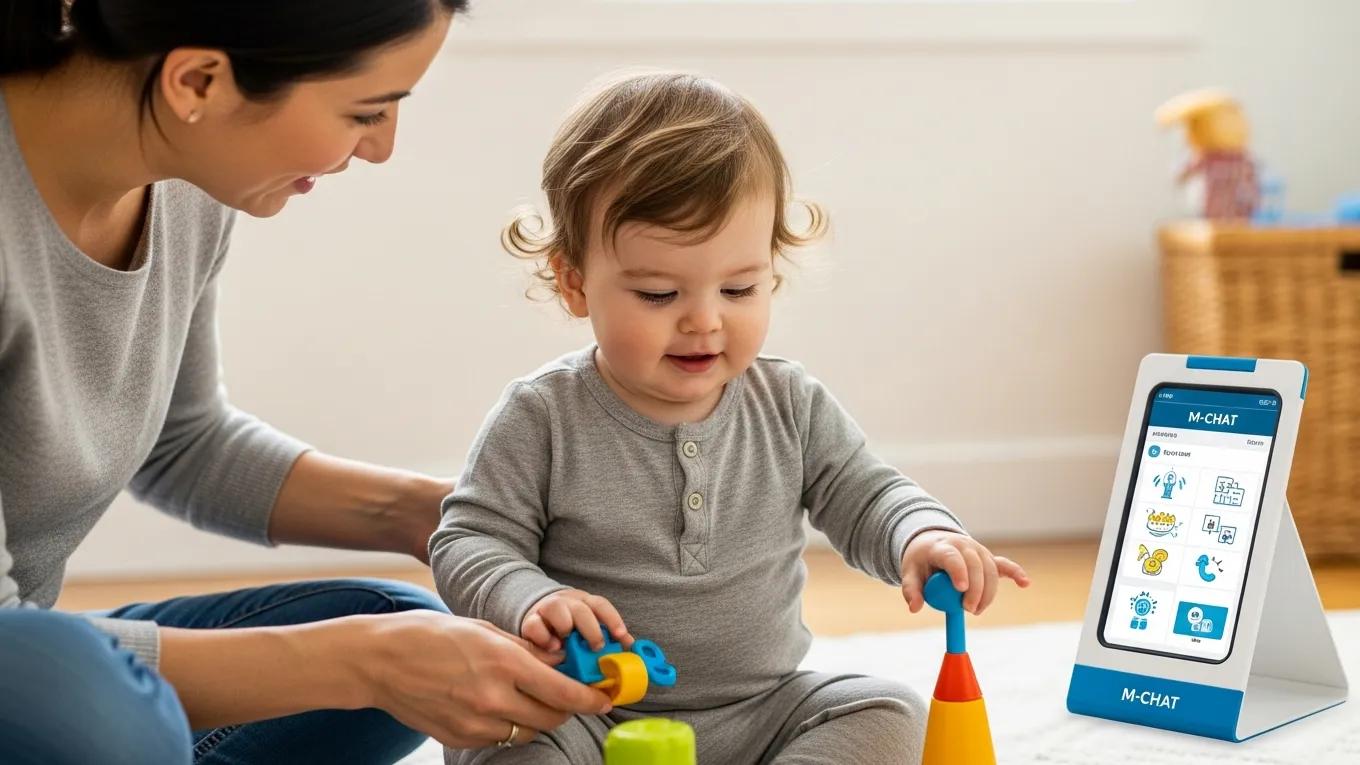 Parent using M-CHAT screening tool with toddler in a playful home environment