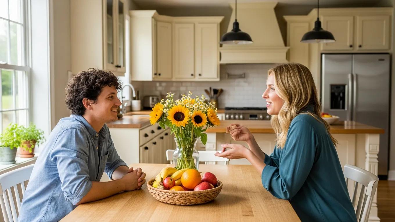 Partners engaged in a heartfelt conversation at a kitchen table