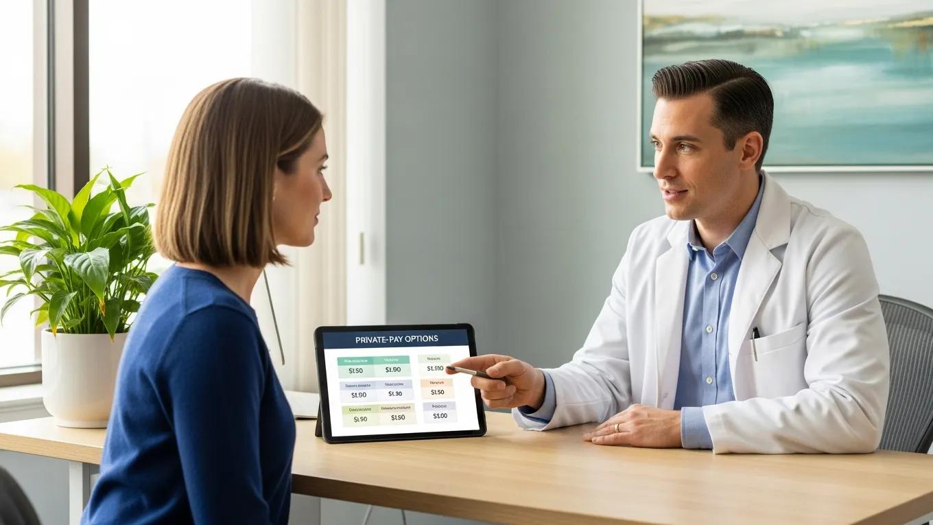 Patient consulting with healthcare provider about private-pay options in a modern clinic